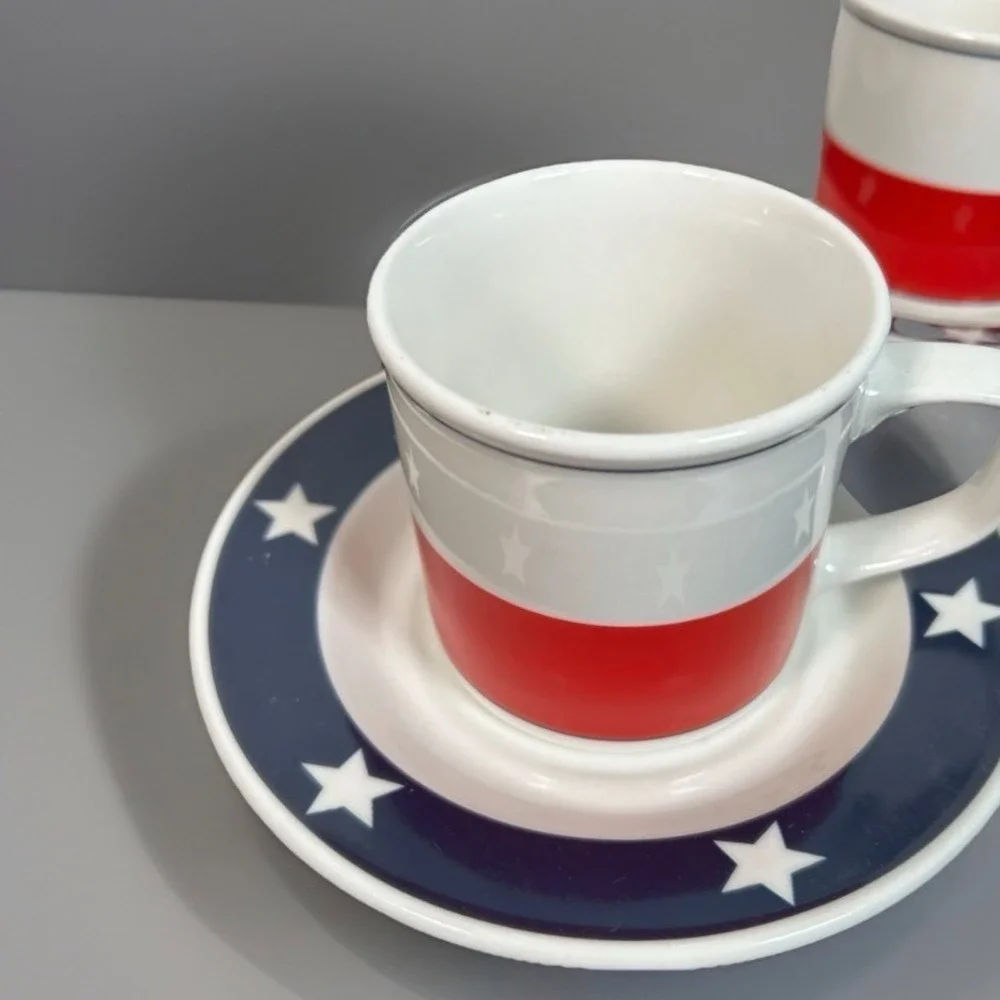 Set of 3 Texas Lone Star Cups & Saucers Patriotic Red White Blue Totally Today